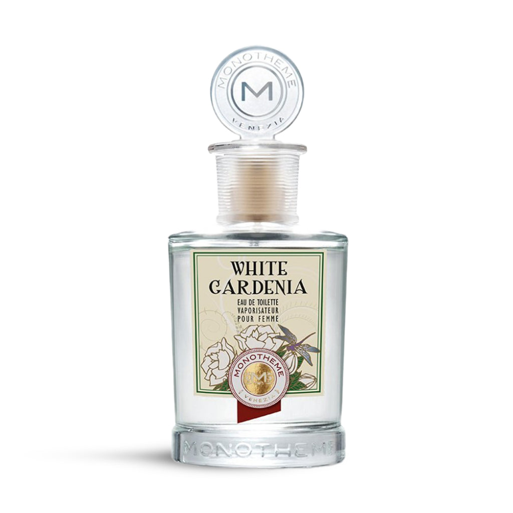 Monotheme White Gardenia Eau de Toilette for Women 100ml in a clear glass bottle, available for online purchase at Paris Gallery Qatar