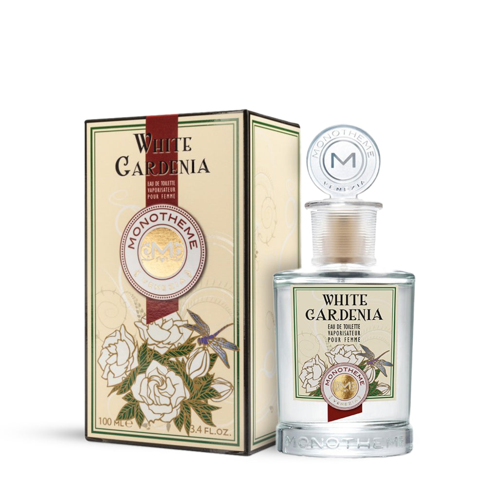 Monotheme White Gardenia Eau de Toilette for Women 100ml in a clear glass bottle, available for online purchase at Paris Gallery Qatar