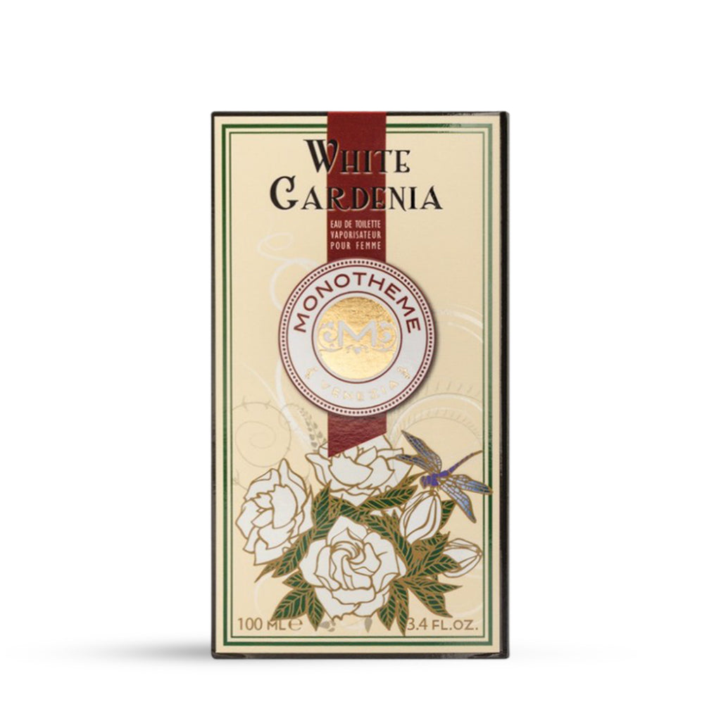 Monotheme White Gardenia Eau de Toilette for Women 100ml in a clear glass bottle, available for online purchase at Paris Gallery Qatar