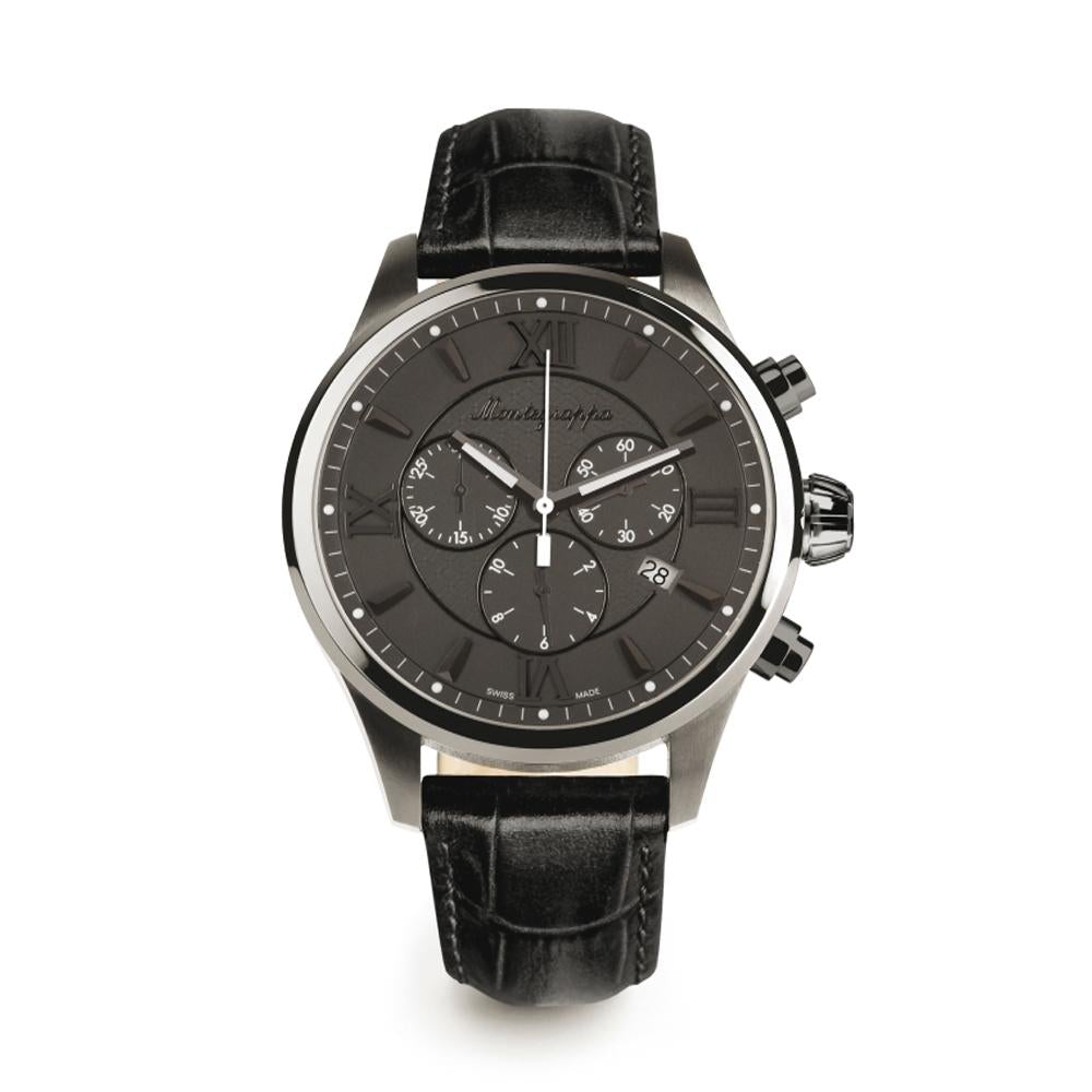 Montegrappa Fortuna men’s chronograph watch with gunmetal case and black leather strap – Available for Online Purchase