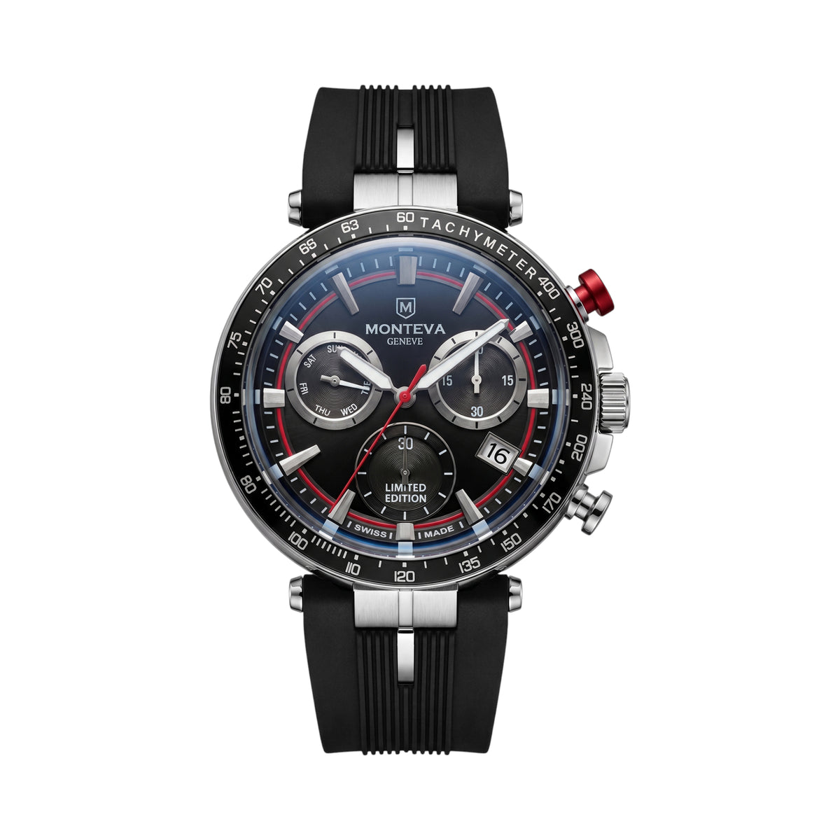 Monteva gents limited edition chronograph watch front view featuring black dial, red accents, three black subdials, black tachymeter bezel, silver-tone case and textured black strap Main image
