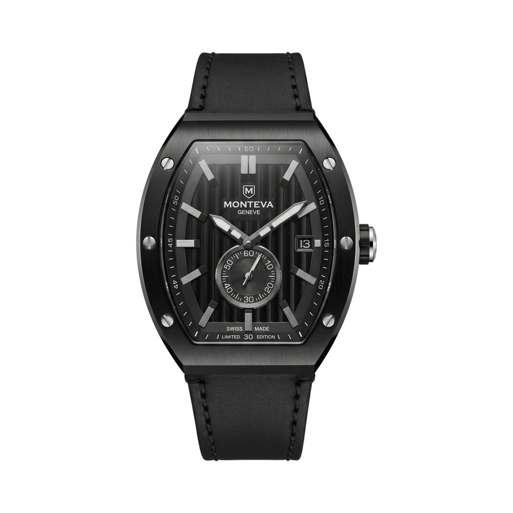Monteva gents limited edition black tonneau watch front view featuring vertically textured black dial, silver-tone hour markers, brushed black case, small seconds subdial and black stitched strap