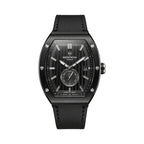 Monteva gents limited edition black tonneau watch front view featuring vertically textured black dial, silver-tone hour markers, brushed black case, small seconds subdial and black stitched strap