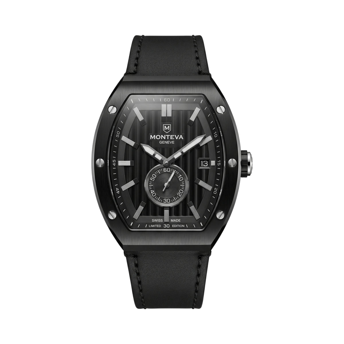 Monteva gents limited edition black tonneau watch front view featuring vertically textured black dial, silver-tone hour markers, brushed black case, small seconds subdial and black stitched strap