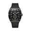 Monteva gents limited edition black tonneau watch front view featuring vertically textured black dial, silver-tone hour markers, brushed black case, small seconds subdial and black stitched strap