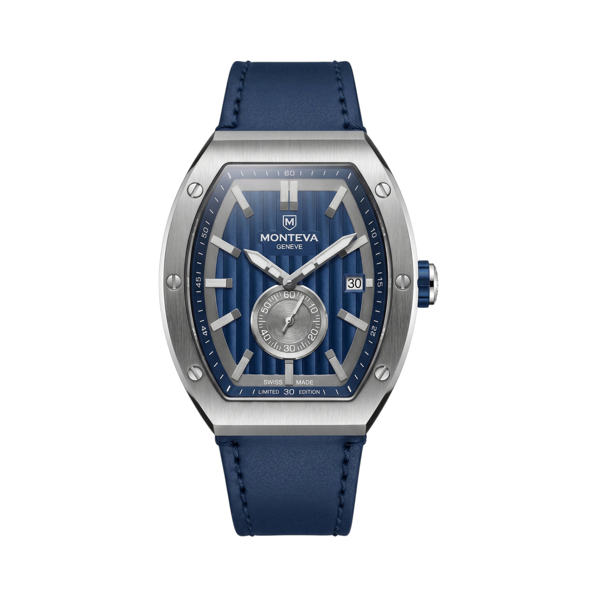Monteva gents limited edition tonneau watch front view featuring textured blue dial, silver-tone barrel-shaped case, small seconds subdial, date window and navy-blue stitched strap Main image