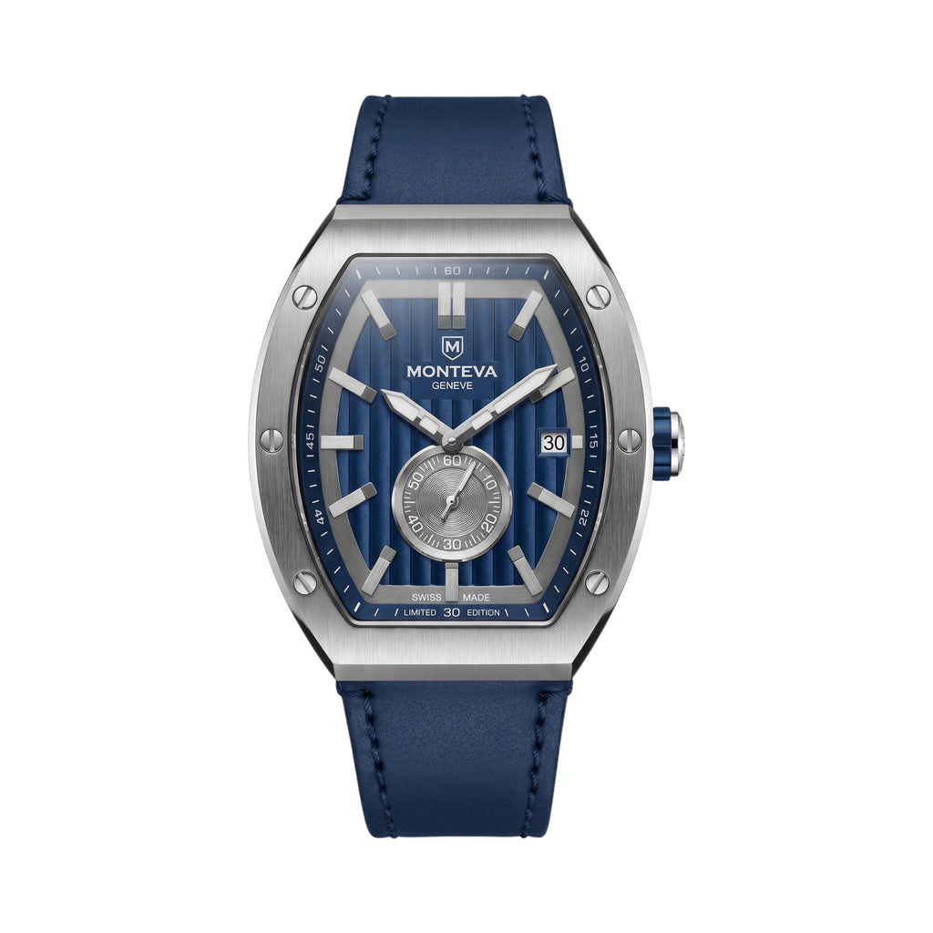 Monteva gents limited edition tonneau watch front view featuring textured blue dial, silver-tone barrel-shaped case, small seconds subdial, date window and navy-blue stitched strap