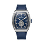 Monteva gents limited edition tonneau watch front view featuring textured blue dial, silver-tone barrel-shaped case, small seconds subdial, date window and navy-blue stitched strap
