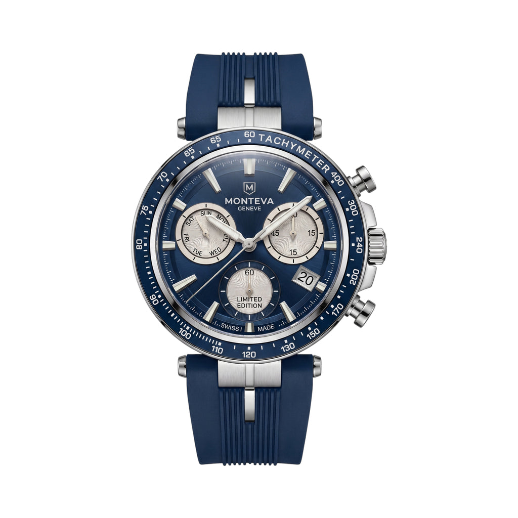 Monteva gents limited edition ocean chronograph watch front view featuring deep blue dial, three silver subdials, blue tachymeter bezel, silver-tone case and navy-blue strap