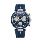 Monteva gents limited edition ocean chronograph watch front view featuring deep blue dial, three silver subdials, blue tachymeter bezel, silver-tone case and navy-blue strap