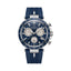 Monteva gents limited edition ocean chronograph watch front view featuring deep blue dial, three silver subdials, blue tachymeter bezel, silver-tone case and navy-blue strap