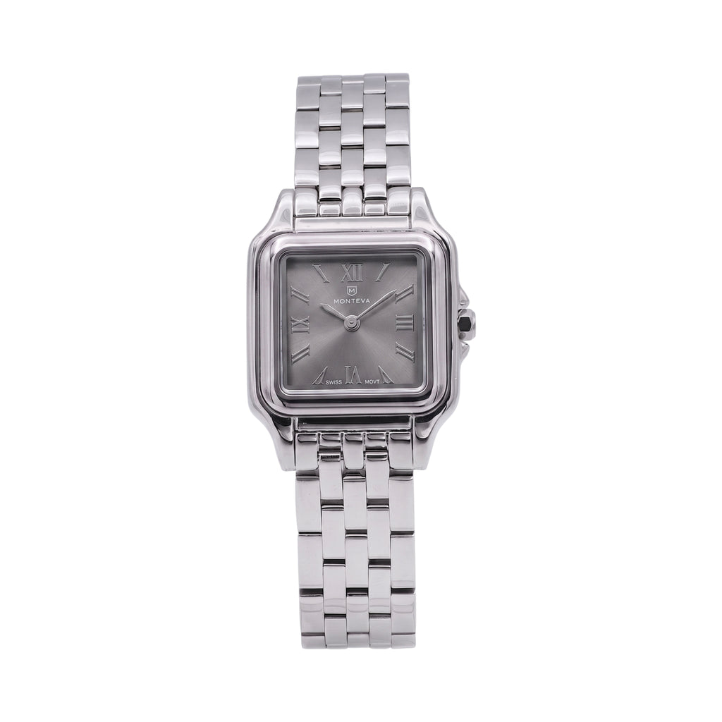 Silver-toned Monteva ladies' watch with a square case, grey dial, Roman numerals, and a metal link bracelet.