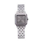 Silver-toned Monteva ladies' watch with a square case, grey dial, Roman numerals, and a metal link bracelet.