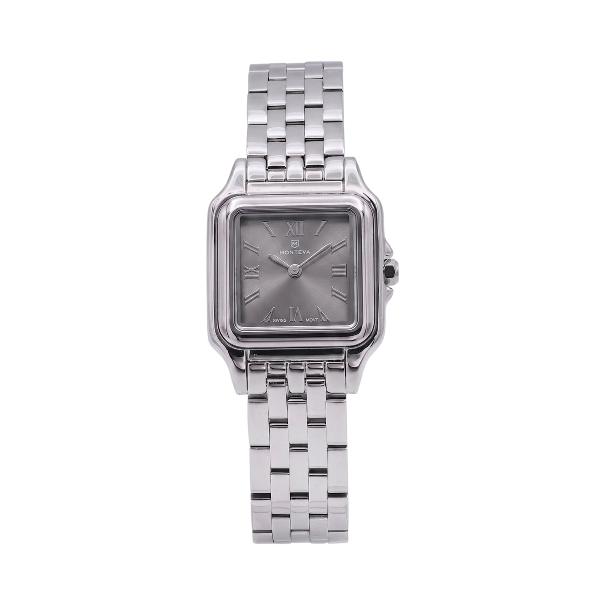 Silver-toned Monteva ladies' watch with a square case, grey dial, Roman numerals, and a metal link bracelet.