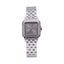 Silver-toned Monteva ladies' watch with a square case, grey dial, Roman numerals, and a metal link bracelet.