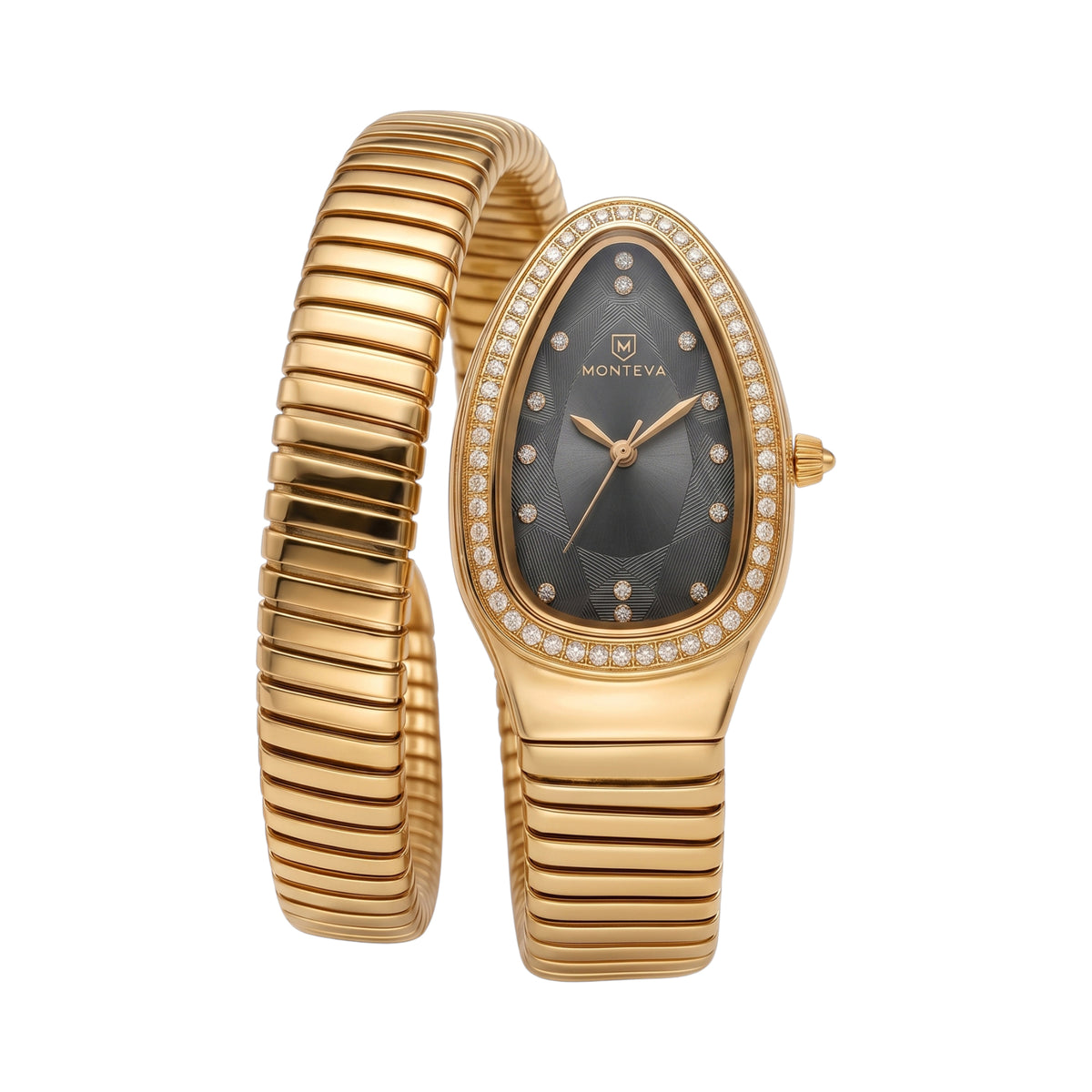 Gold-toned Monteva ladies' watch with a coiled bracelet, an elongated case, dark grey dial, and clear stones on the bezel and Main image
