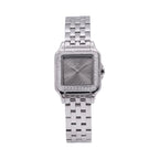 Monteva ladies silver-tone square watch front view with grey sunray dial, Roman numeral markers, sparkling crystal-style bezel and silver metal bracelet