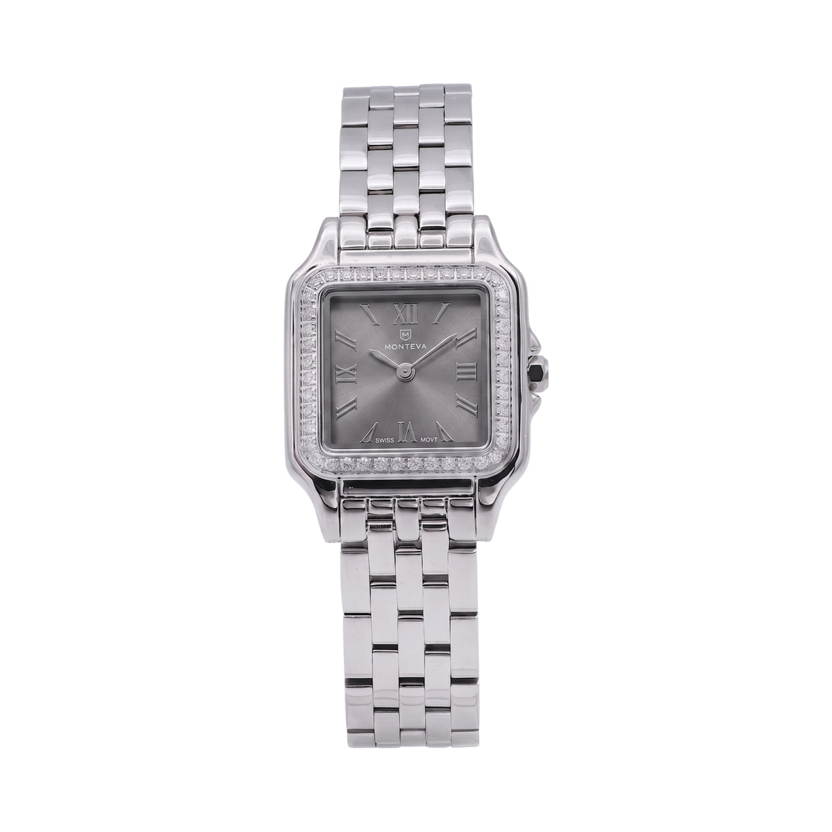 Monteva ladies silver-tone square watch front view with grey sunray dial, Roman numeral markers, sparkling crystal-style bezel and silver metal bracelet