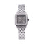 Monteva ladies silver-tone square watch front view with grey sunray dial, Roman numeral markers, sparkling crystal-style bezel and silver metal bracelet