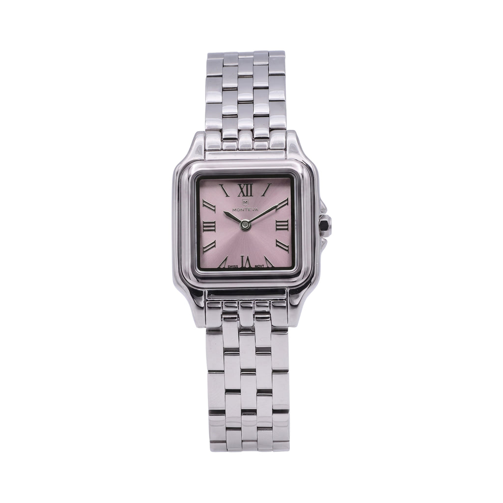 Monteva ladies silver-tone square watch front view with rose pink sunray dial, Roman numeral markers, polished bezel and silver metal link bracelet