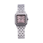 Monteva ladies silver-tone square watch front view with rose pink sunray dial, Roman numeral markers, polished bezel and silver metal link bracelet