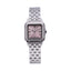 Monteva ladies silver-tone square watch front view with rose pink sunray dial, Roman numeral markers, polished bezel and silver metal link bracelet