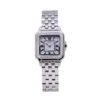 Monteva ladies silver-tone square watch front view with white mother-of-pearl-style dial, black Roman numerals, sparkling bezel and silver bracelet