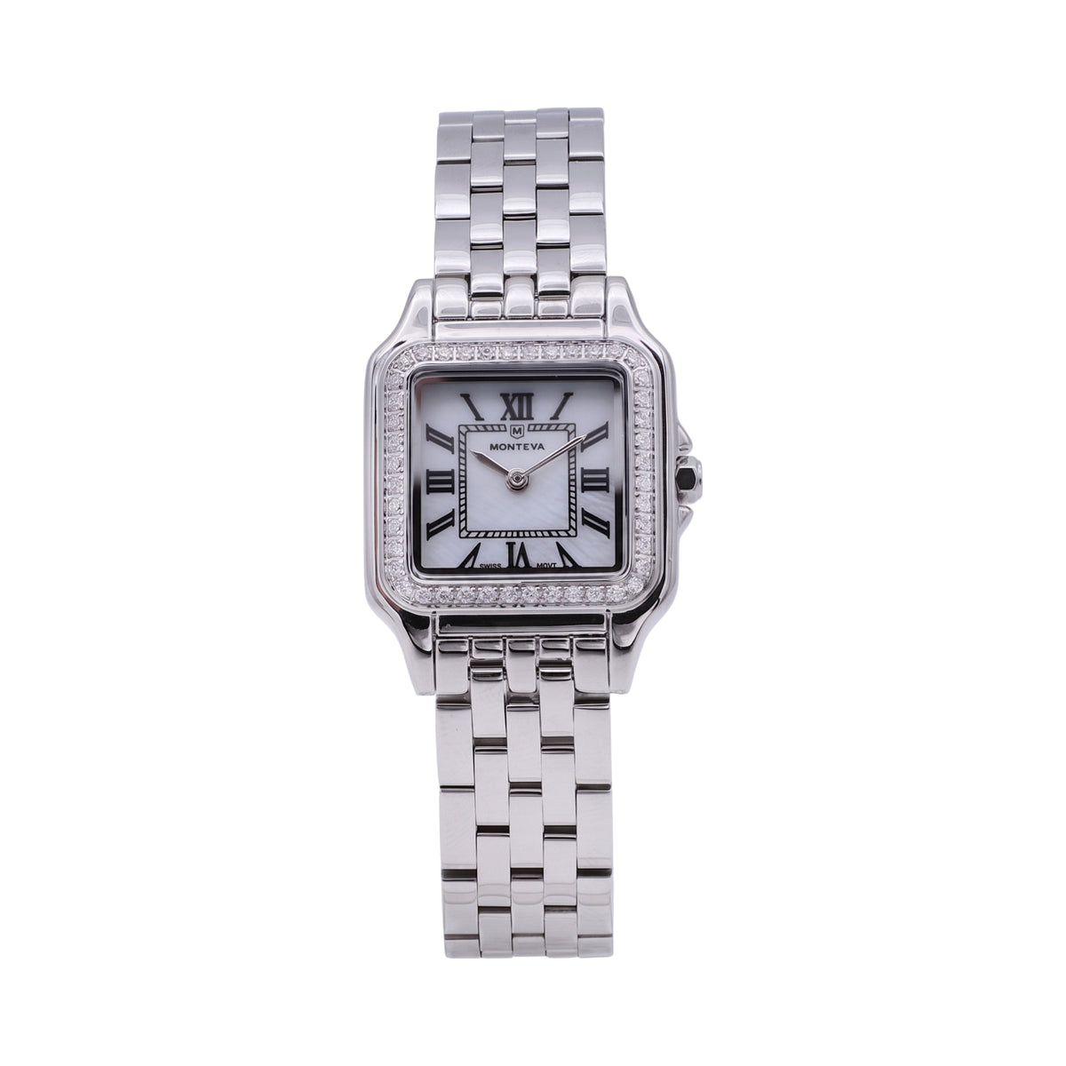 Monteva ladies silver-tone square watch front view with white mother-of-pearl-style dial, black Roman numerals, sparkling bezel and silver bracelet