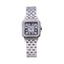 Monteva ladies silver-tone square watch front view with white mother-of-pearl-style dial, black Roman numerals, sparkling bezel and silver bracelet