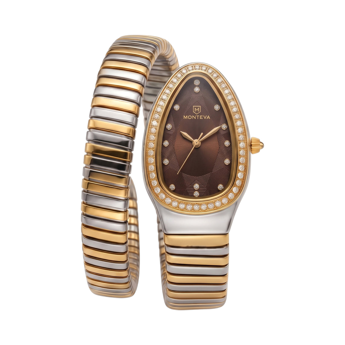 Monteva ladies' watch with a brown teardrop dial, gold-toned bezel with clear stones, and a coiled silver-toned and gold-tone