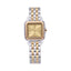 Monteva ladies two-tone square watch front view featuring champagne gold sunray dial, gold Roman numeral markers, polished gold bezel and silver-gold metal bracelet