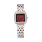 Monteva ladies two-tone square watch front view with burgundy red sunray dial, Roman numeral markers, sparkling gold-tone bezel and silver gold bracelet