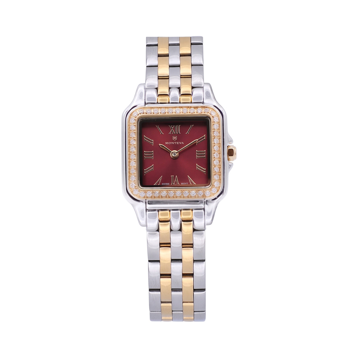Monteva ladies two-tone square watch front view with burgundy red sunray dial, Roman numeral markers, sparkling gold-tone bezel and silver gold bracelet