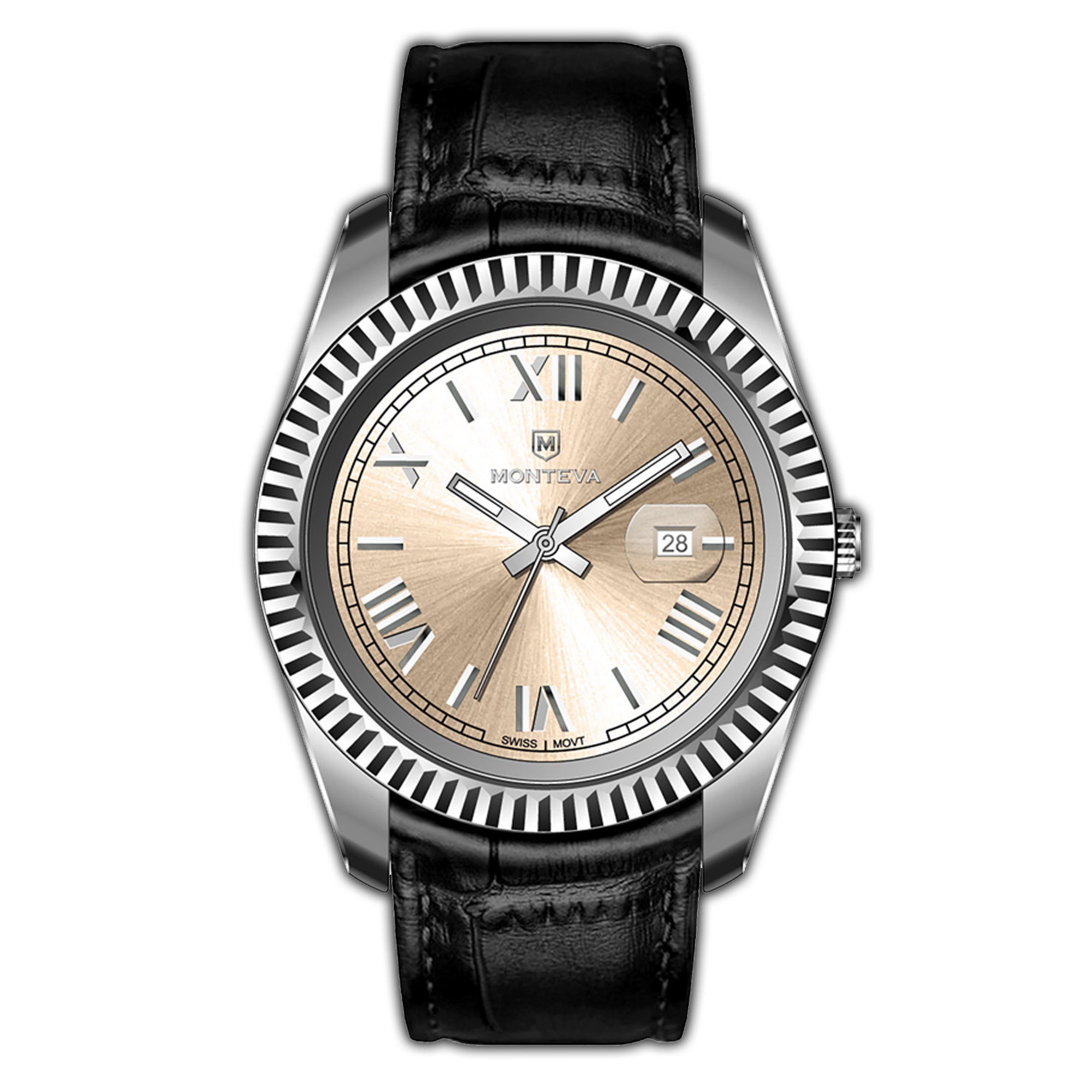 Monteva men's champagne sunray dial watch with Roman numerals black leather strap luxury classic Paris Gallery Qatar