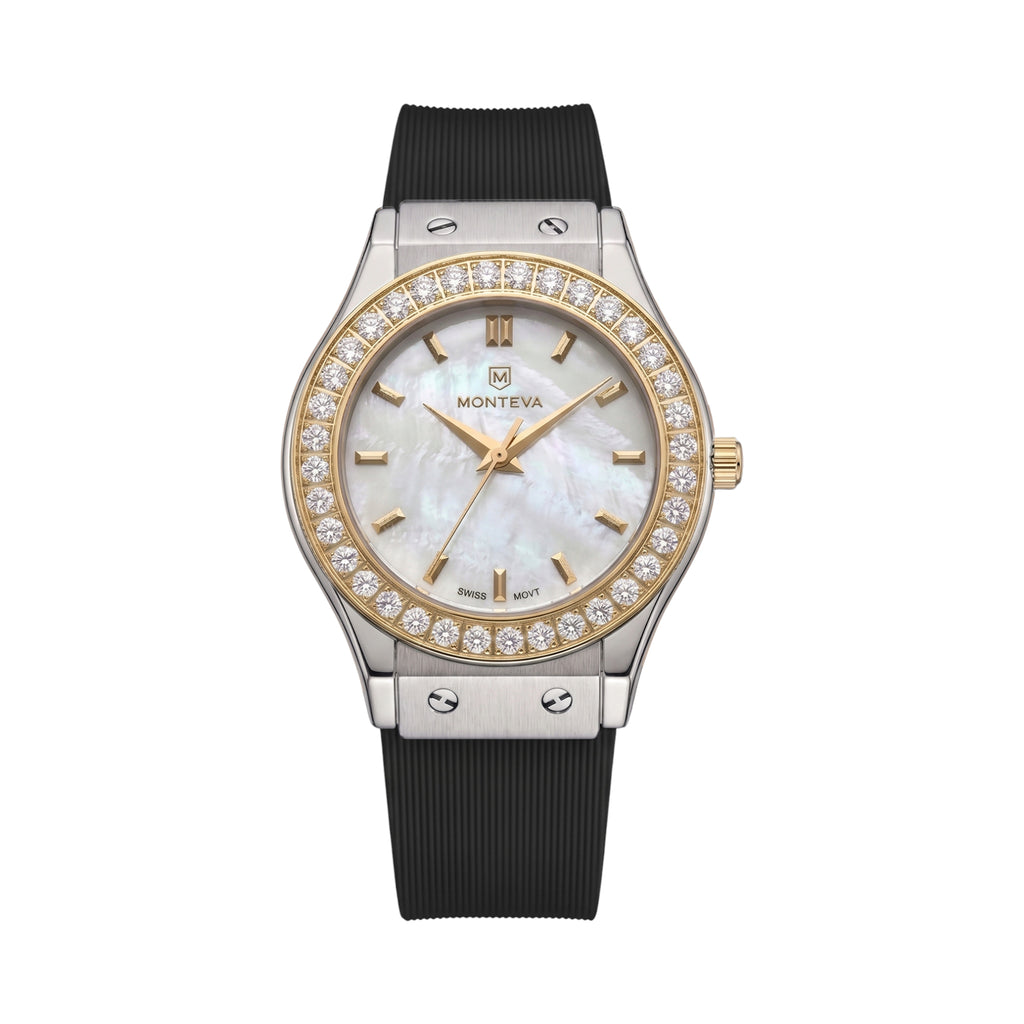 Monteva women's two-tone watch front view featuring white mother-of-pearl dial, gold-tone baton markers, sparkling crystal bezel, silver-tone case with decorative screws and black ribbed strap
