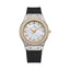 Monteva women's two-tone watch front view featuring white mother-of-pearl dial, gold-tone baton markers, sparkling crystal bezel, silver-tone case with decorative screws and black ribbed strap