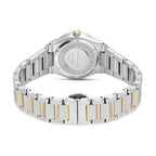 Silver-toned watch with a gold-toned bezel and crown, and a two-toned metal link bracelet with silver-toned and gold-toned li