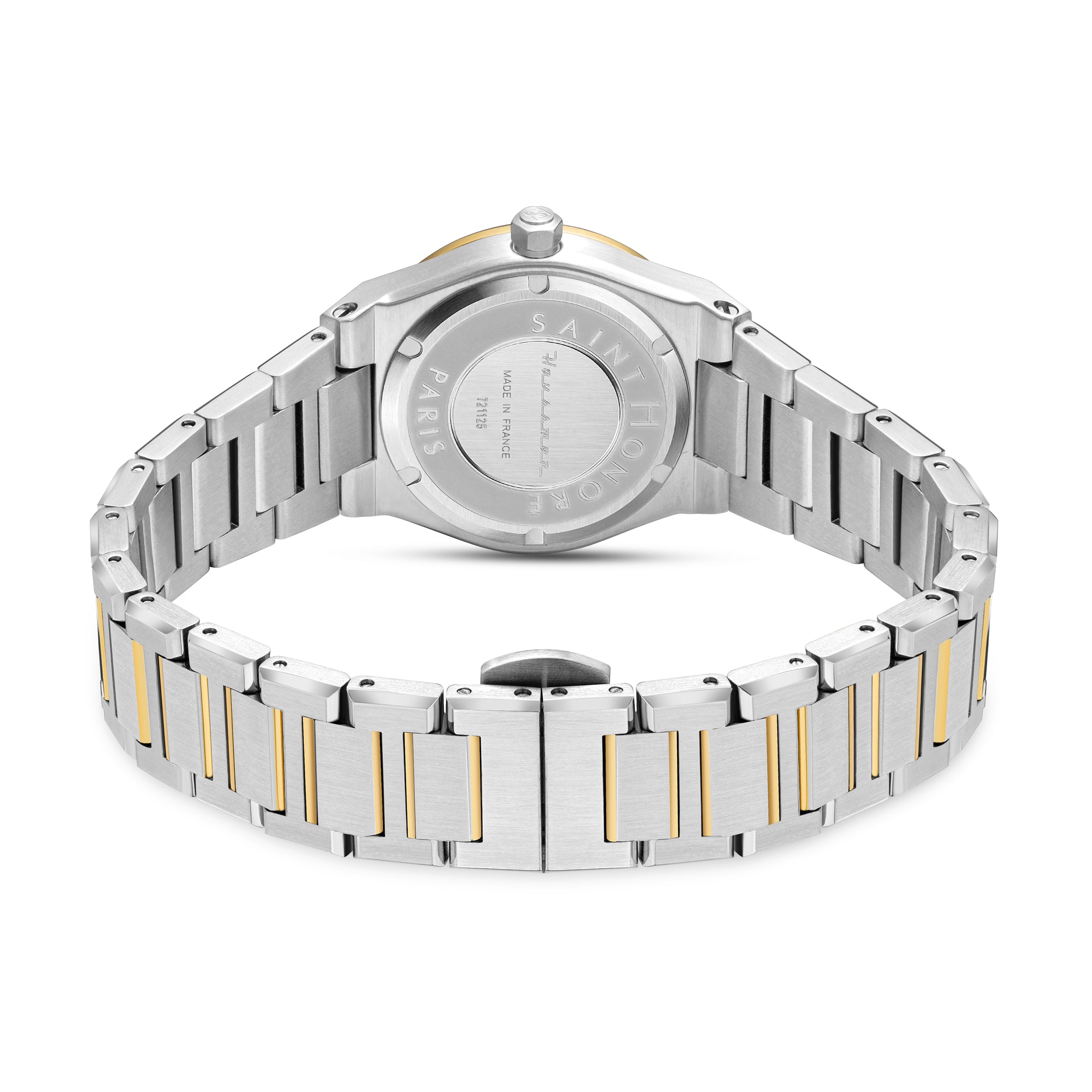 Silver-toned watch with a gold-toned bezel and crown, and a two-toned metal link bracelet with silver-toned and gold-toned li