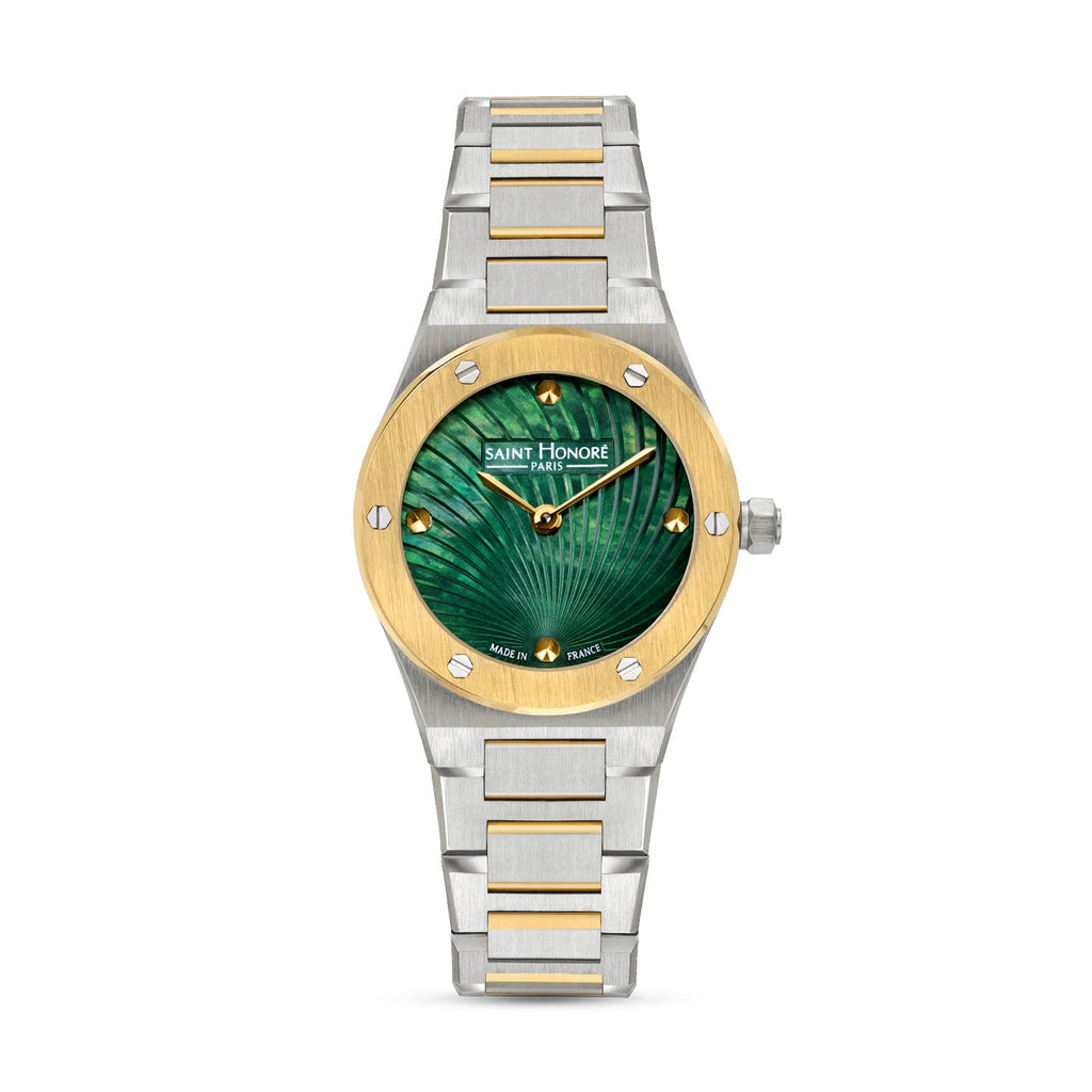 Saint Honore two-tone watch with a silver-toned and gold-toned bracelet and bezel, featuring a green Mother of Pearl dial wit