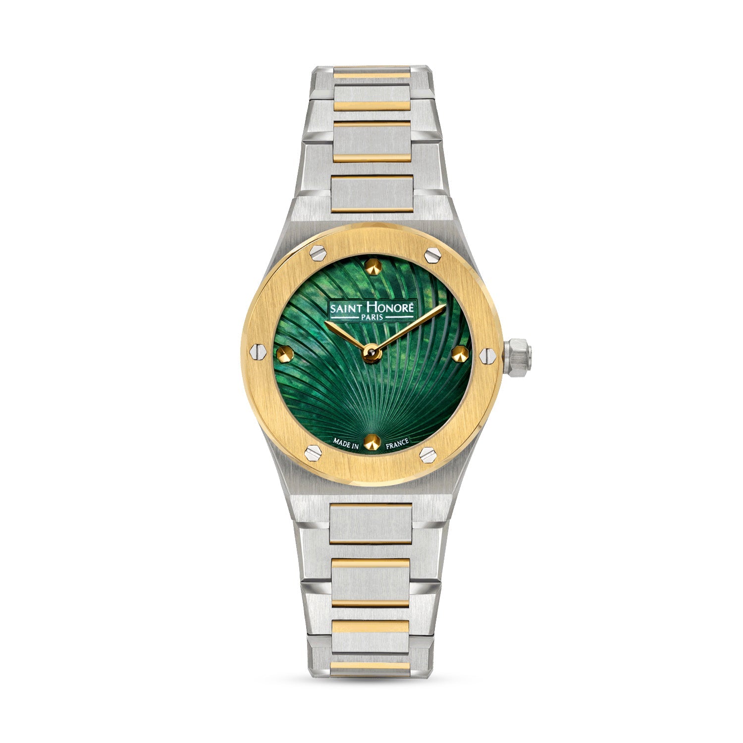 Saint Honore two-tone watch with a silver-toned and gold-toned bracelet and bezel, featuring a green Mother of Pearl dial wit