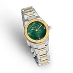 Two-toned silver and gold-toned watch with a green fan-pattern dial and gold-toned markers. The link bracelet is also two-ton