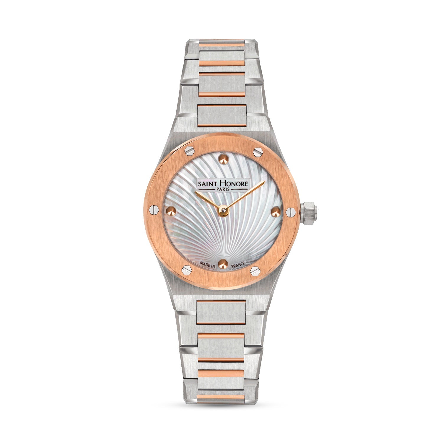 Silver and rose gold-toned watch with an octagonal bezel, white mother-of-pearl dial with a fan pattern, and a two-tone link