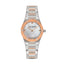 Silver and rose gold-toned watch with an octagonal bezel, white mother-of-pearl dial with a fan pattern, and a two-tone link