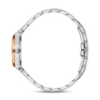 Side view of a watch with a rose gold-toned bezel, silver-toned case, and silver-toned metal link band. Silver-toned crown ha