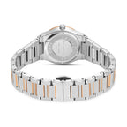 Back of a silver-toned watch with a rose gold-toned bezel. The two-tone metal link bracelet has silver-toned outer links and