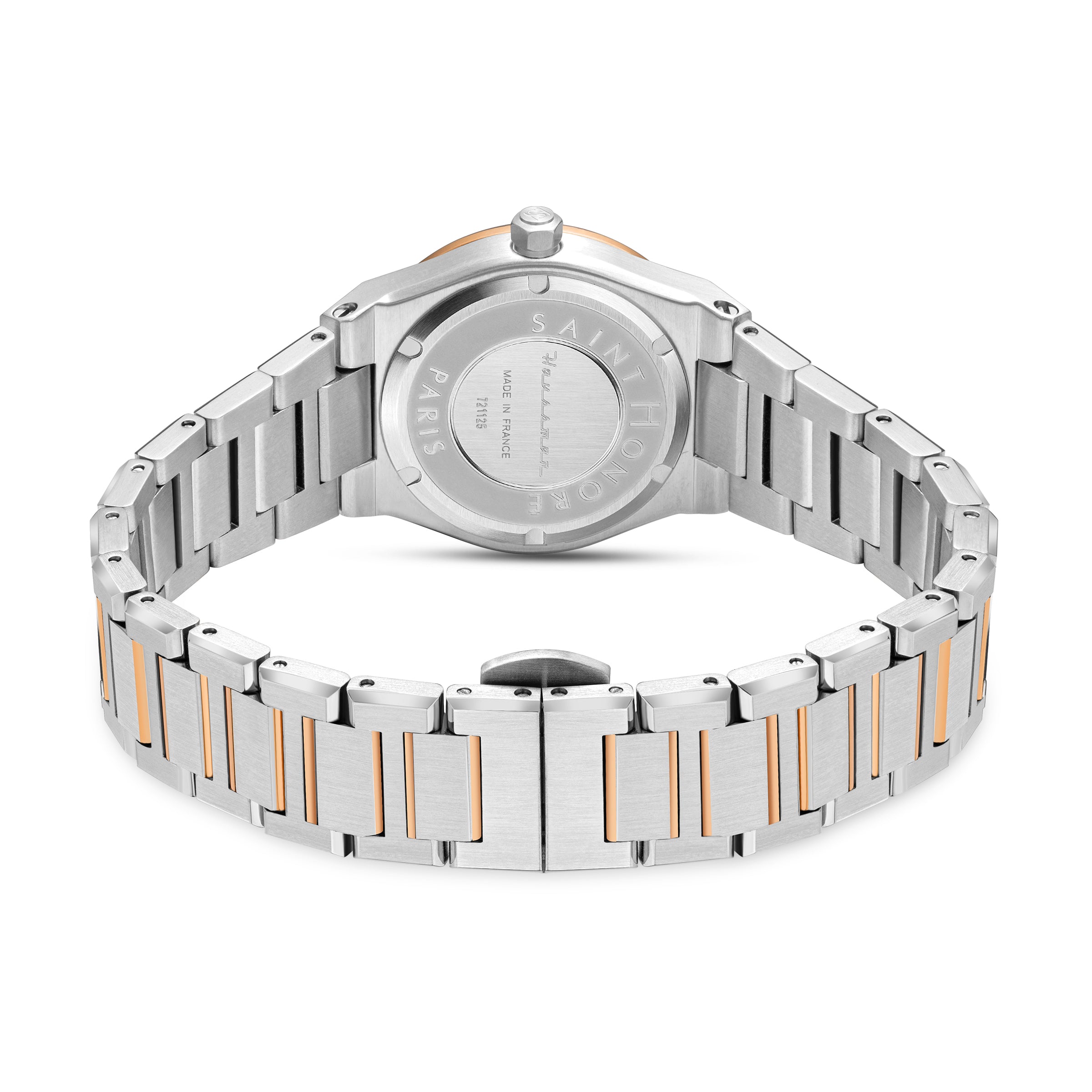 Back of a silver-toned watch with a rose gold-toned bezel. The two-tone metal link bracelet has silver-toned outer links and