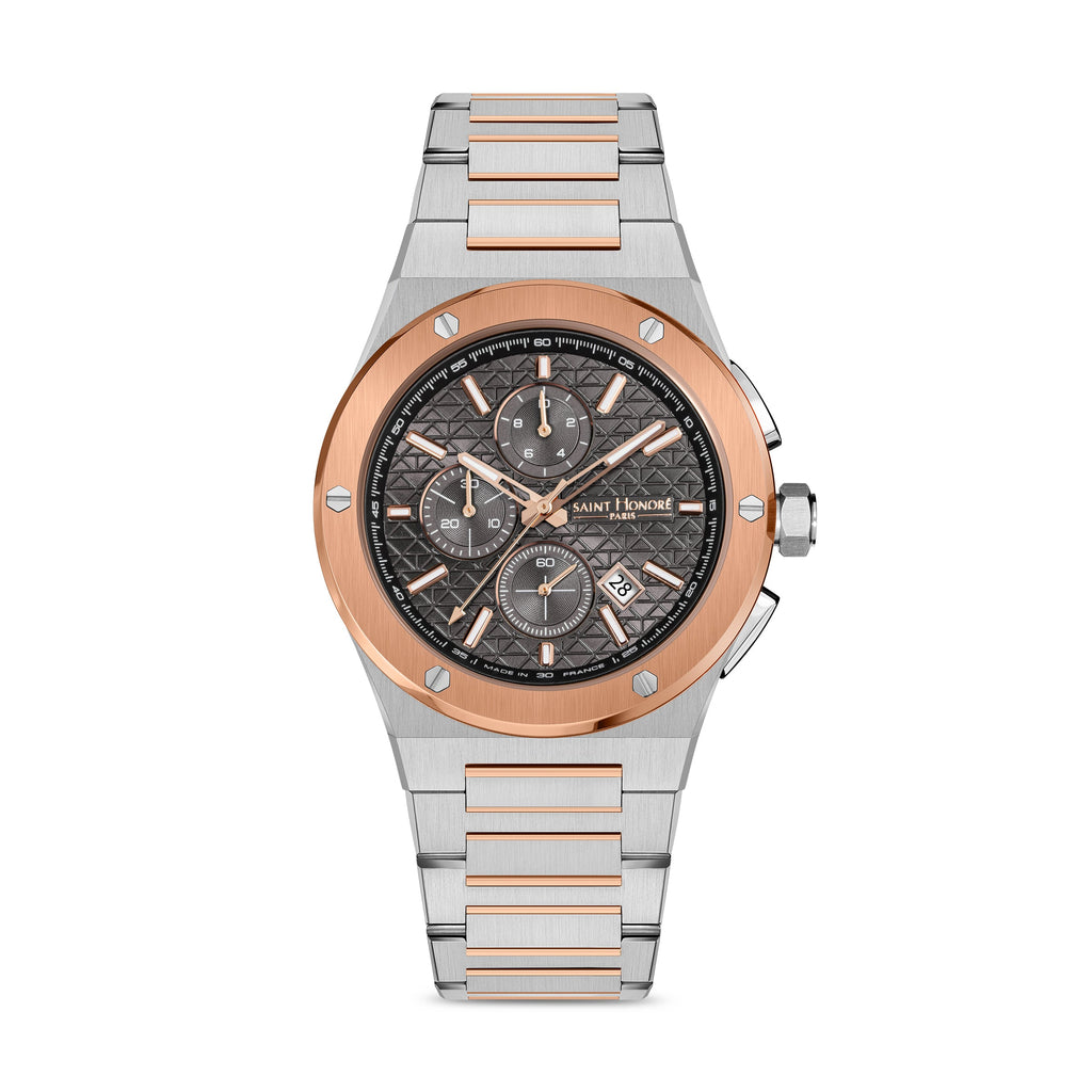 Men's Saint Honore chronograph watch with a silver-toned stainless steel case and bracelet, rose gold-toned bezel, and a dark