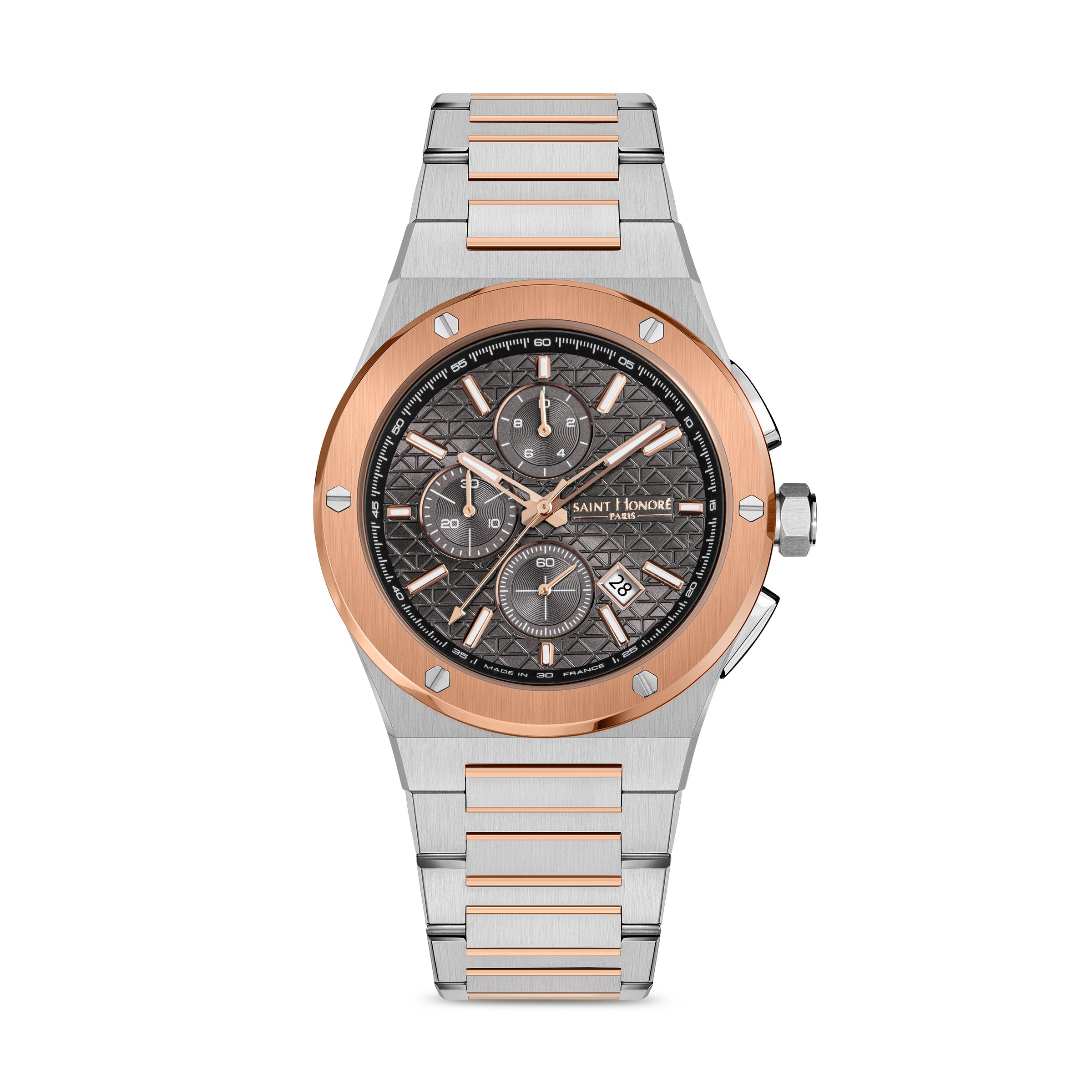 Men's Saint Honore chronograph watch with a silver-toned stainless steel case and bracelet, rose gold-toned bezel, and a dark