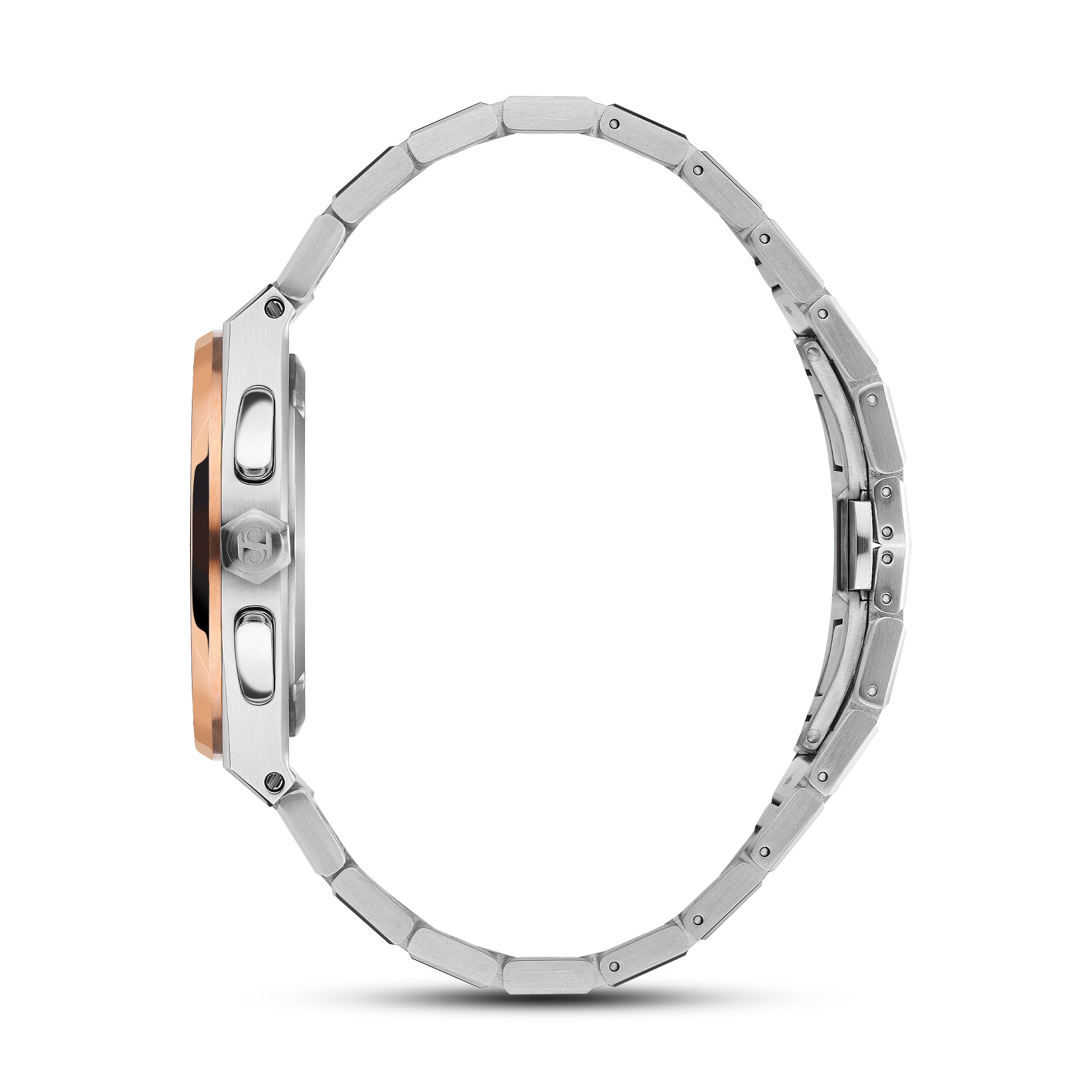 Side view of a silver-toned watch with a rose gold-toned bezel, two pushers, and a crown. It has a silver-toned metal link br