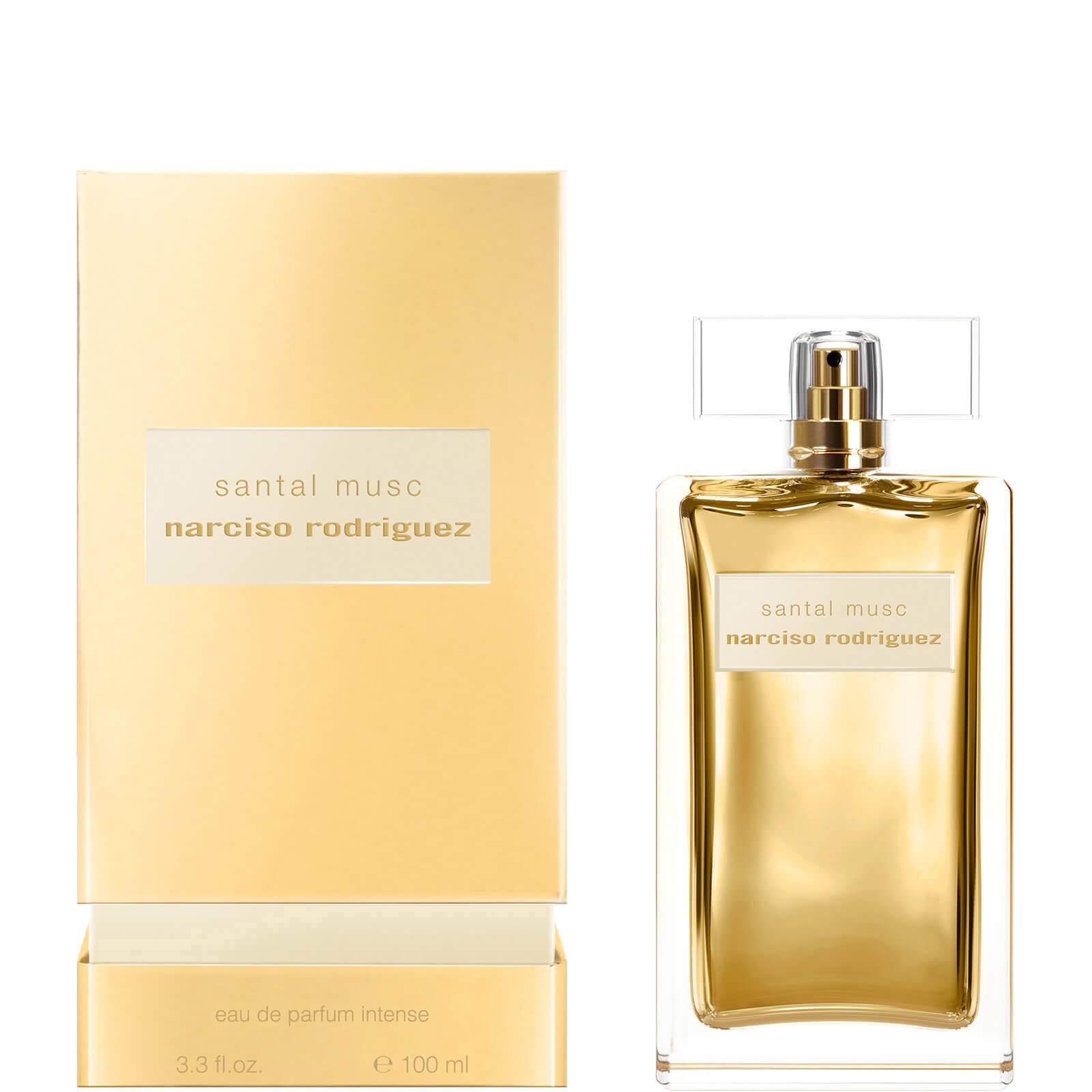 Narciso Rodriguez For Her Santal Musc Eau de Parfum Intense 100ml perfume bottle with gold packaging